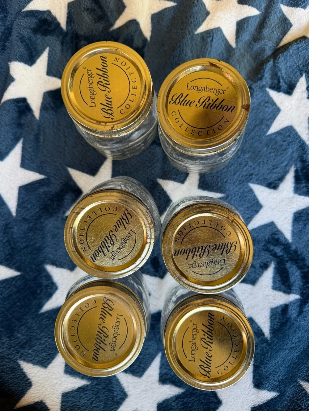Longaberger Blue Ribbon Glass Jars with Gold Lids set of Six